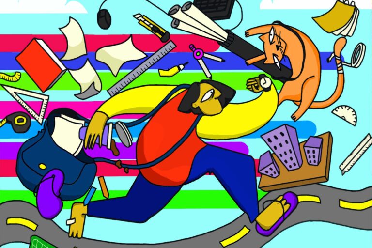 A minimal illustration of an architecture student running with a clock, symbolizing the challenge of managing time in their daily routine.